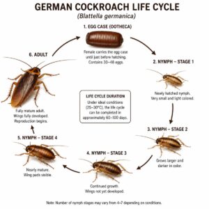 German cockroach life cycle from ootheca to adult showing nymph instars