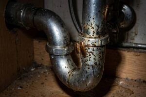 Dark faecal spots from German cockroach infestation near kitchen sink plumbing