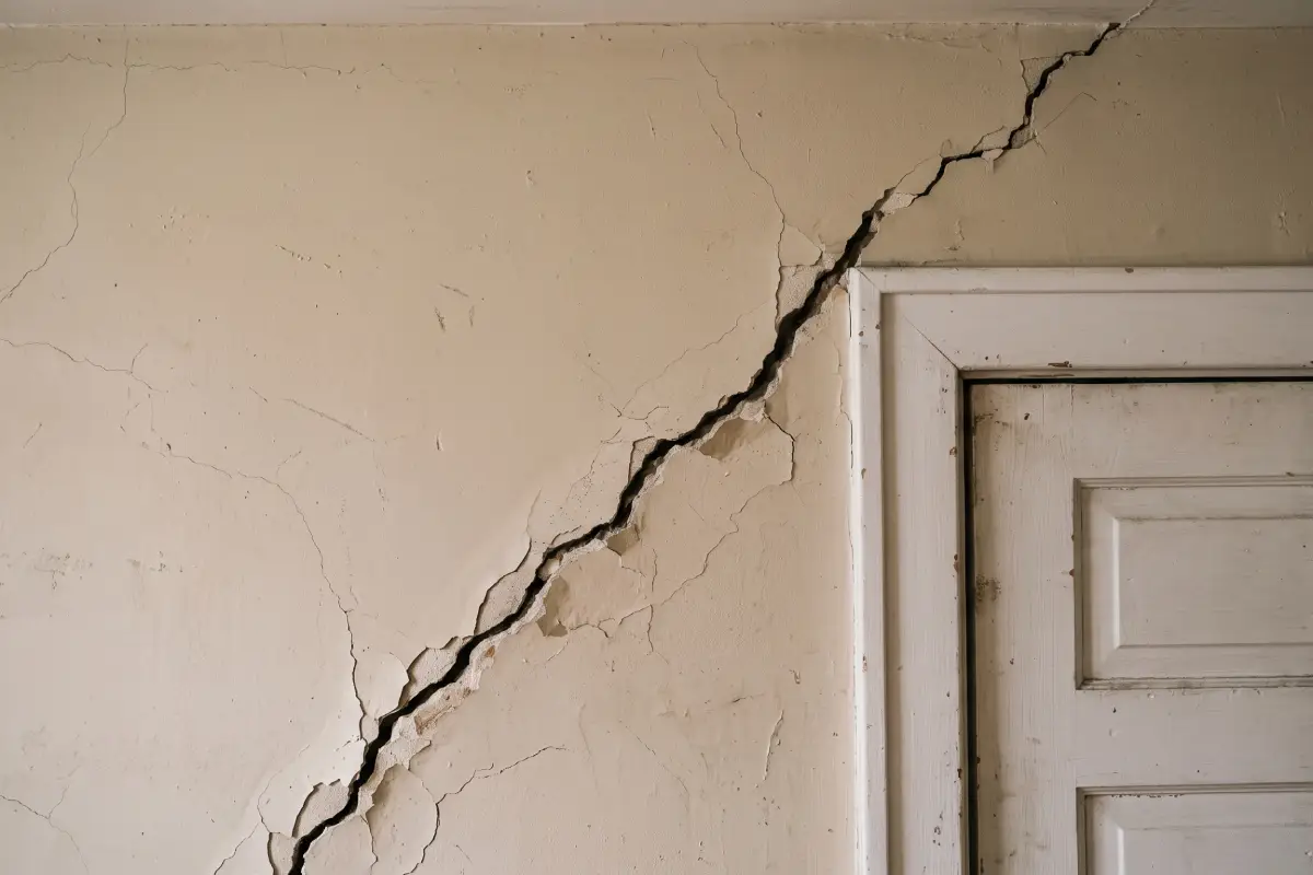 diagonal wall crack door frame Diagonal wall crack spreading from a door frame corner